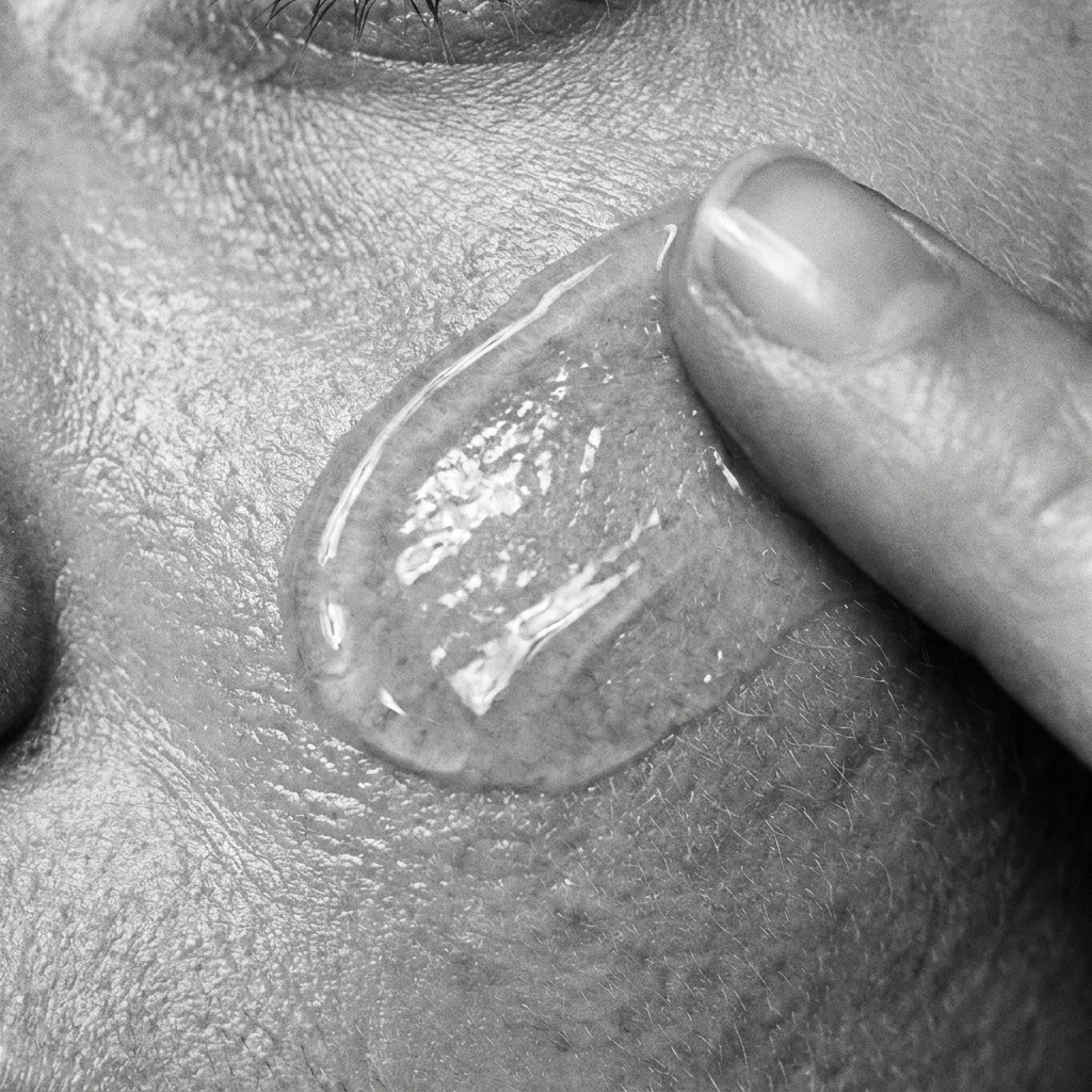 Macro photography of skin texture with a thin layer of gel — face mask for men